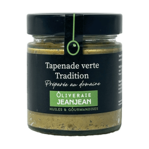 Artisanal green olive tapenade with basil, capers, garlic, and anchovy cream, jarred.