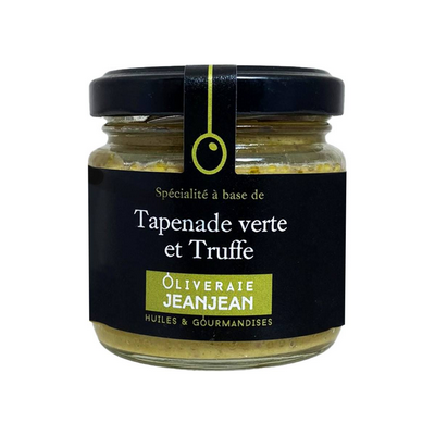 Green olive and truffle tapenade with French olives and Tuber melanosporum truffle, in an 85g jar.