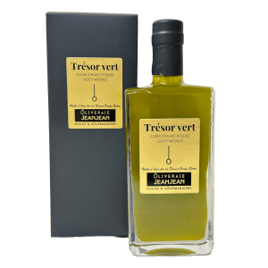 Bottle of Trésor Vert Bio organic olive oil by Oliveraie Jeanjean next to its elegant black and gold box, showcasing its intense green color and premium packaging.