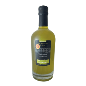 Elegant dark glass bottle of olive oil/