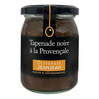 Glass jar of Tapenade Noire à la Provençale by Oliveraie Jeanjean.