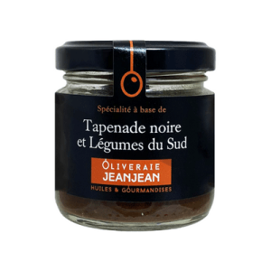 Black olive and vegetable tapenade in an 85g jar, featuring Provençal vegetables and estate olive oil.