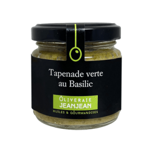 Handcrafted green olive tapenade with basil, garlic, anchovy cream, and estate olive oil in an 85g jar.