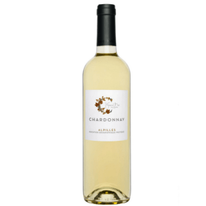 Bottle of Domaine du Grand Mas de Lansac Chardonnay white wine, vintage 2024, with a pale golden color and white label.