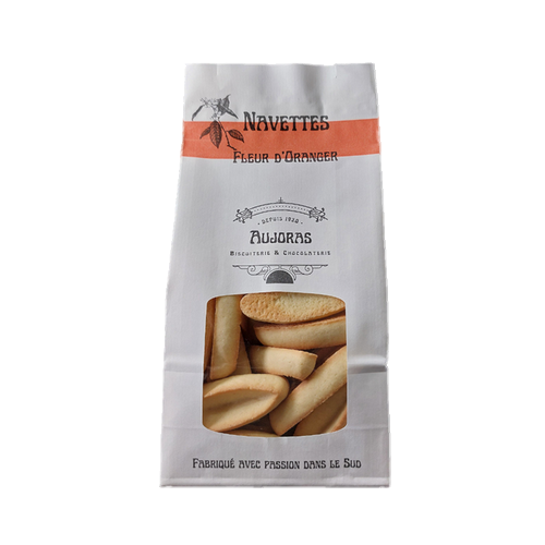 Bag of traditional Provençal orange blossom biscuits (Navettes) from Maison Aujoras, made in the South of France.
