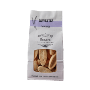 Bag of traditional Provençal lavender navette biscuits with elegant white and purple packaging.
