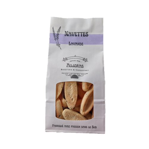 Bag of traditional Provençal lavender navette biscuits with elegant white and purple packaging.