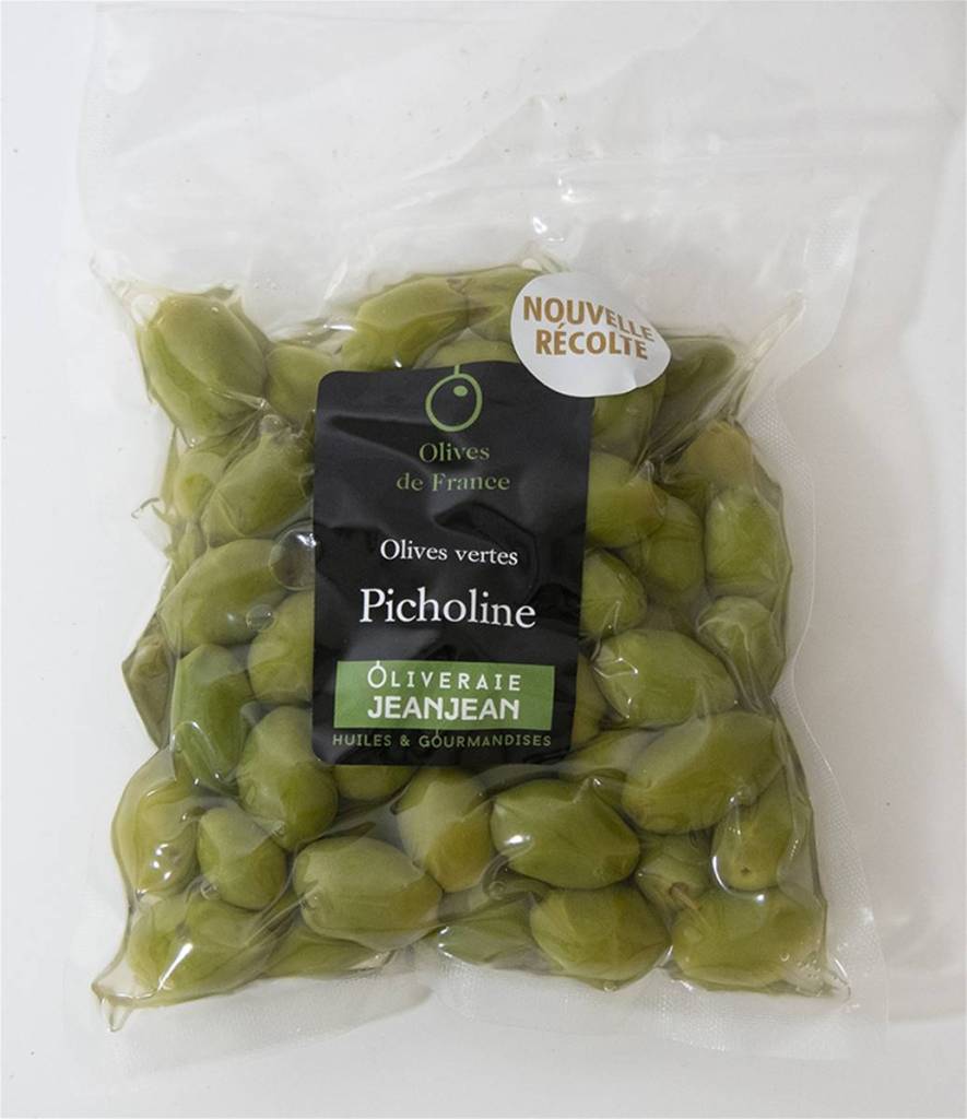 Hand-harvested green Picholine olives from the South of France, crisp and flavorful.
