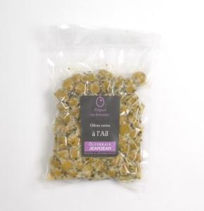 250g bag of green Picholine olives with garlic, mustard, and parsley.