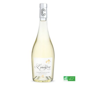 Bottle of L’Amoureuse Blanc 2024 with pale golden reflections, a fresh organic white wine from Provence made from Rolle grapes.