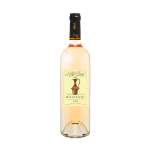 Bottle of Bandol Tradition Rosé 2024, pale pink with salmon reflections, organic Provence rosé with aromas of peach, wild strawberry, and floral notes.
